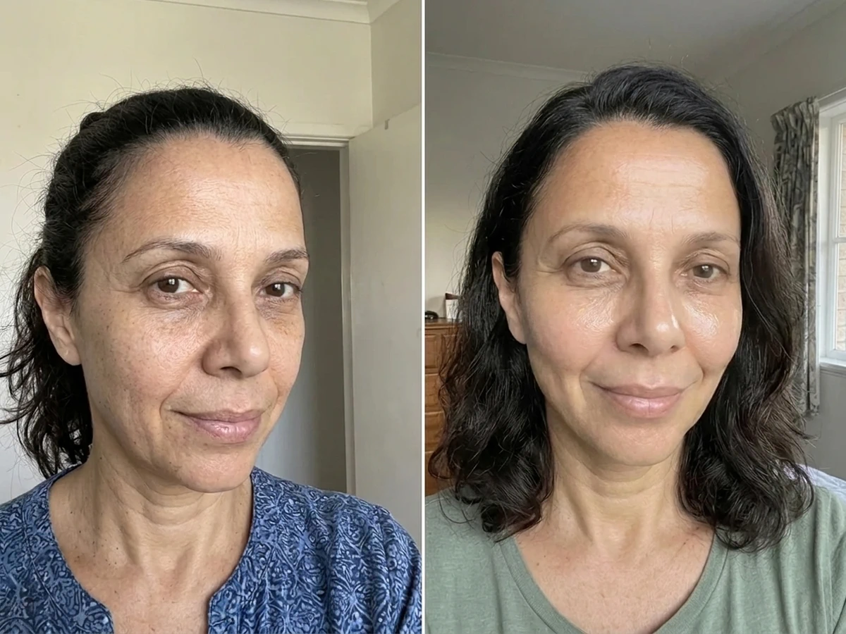 Simulação visual comparativa de pele antes e após 14 dias