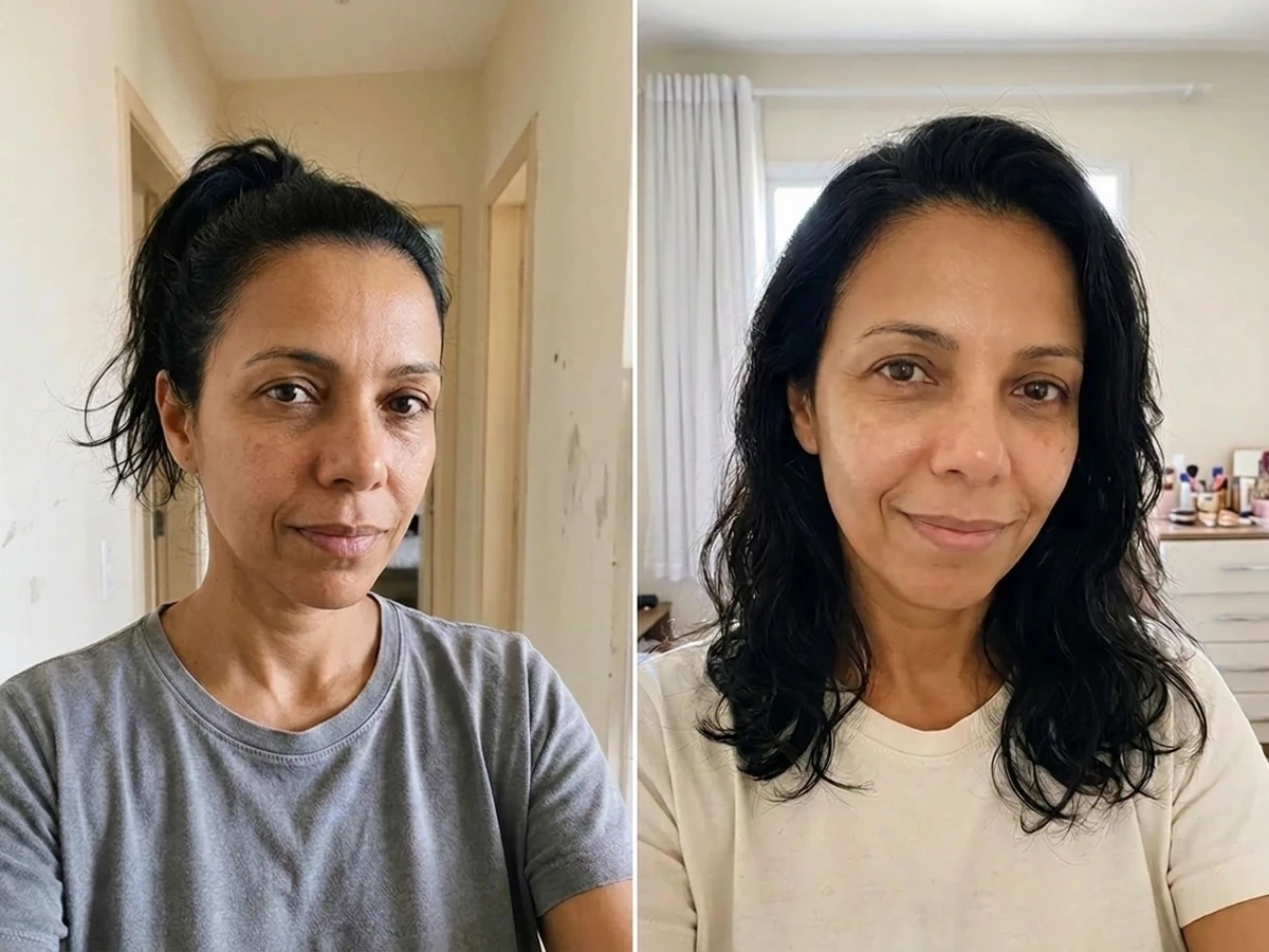 Simulação visual comparativa de pele antes e após 15 dias