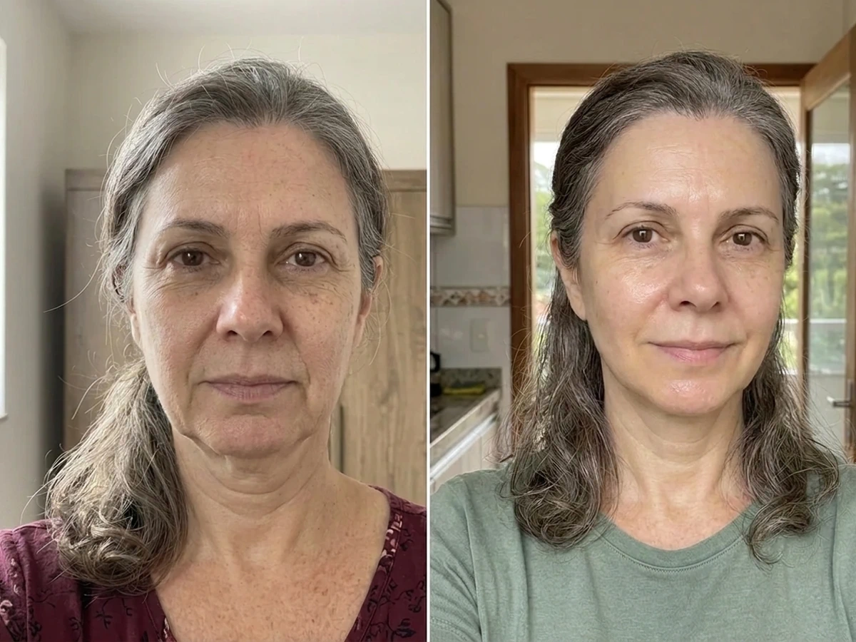 Simulação visual comparativa de pele antes e após 21 dias