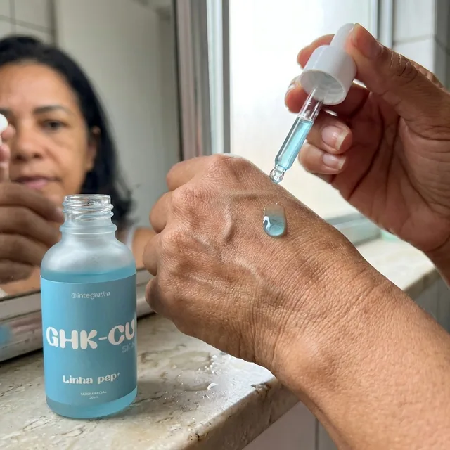 Cena ilustrativa de uma gota de sérum sobre o dorso da mão com o frasco GHK-Cu aberto na bancada